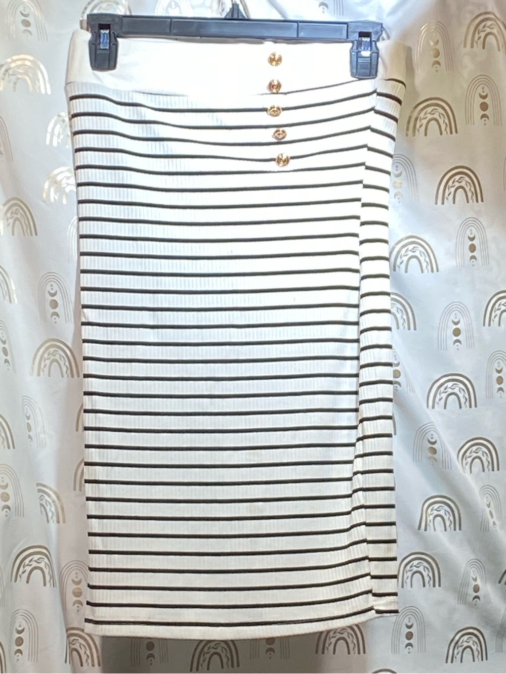SHEIN White Pencil Skirt with Black Stripes and Gold Buttons